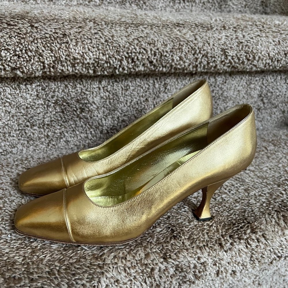 Chanel Women's Gold Leather Pumps Heels -